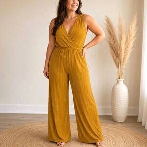 Lily Black Gold Mustard Metallic Wide Leg Jumpsuit Sleeveless L Disco Glam